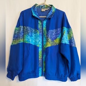 Vintage Women's Small Blue Green 100% Silk Jacket 80s Full Zip Bright